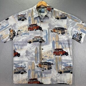 Vintage Blue Water Button Up Shirt Men XL Blue Cars Surf Malibu Beach California